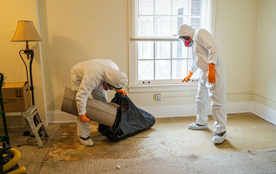 Biohazard cleanup team in protective suits.