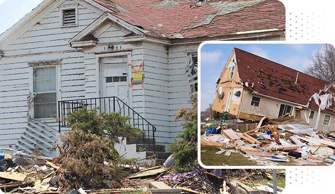 Collage of wind damage and tornado damage property